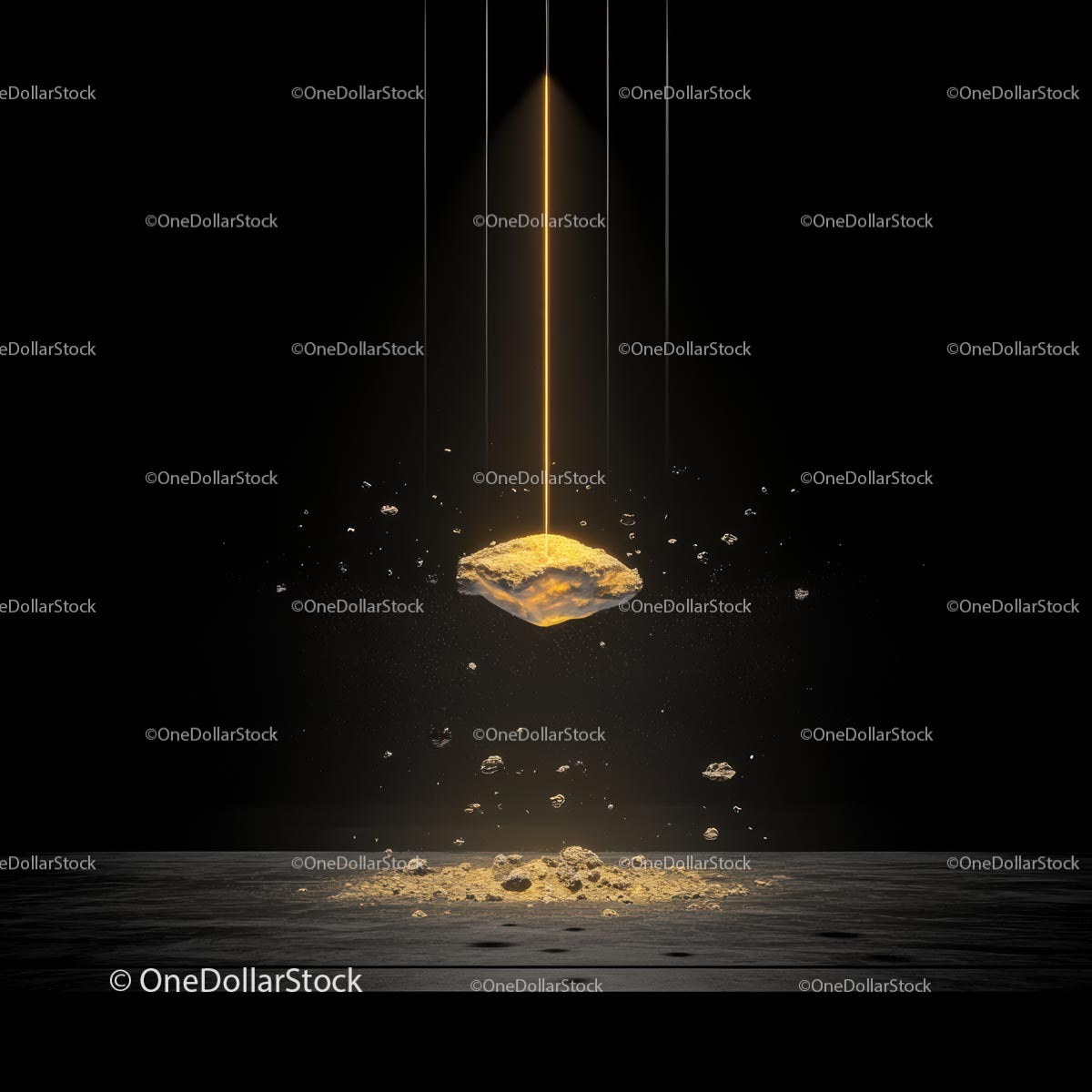 Suspended Gold Nugget Illuminated by Spotlight in Darkness