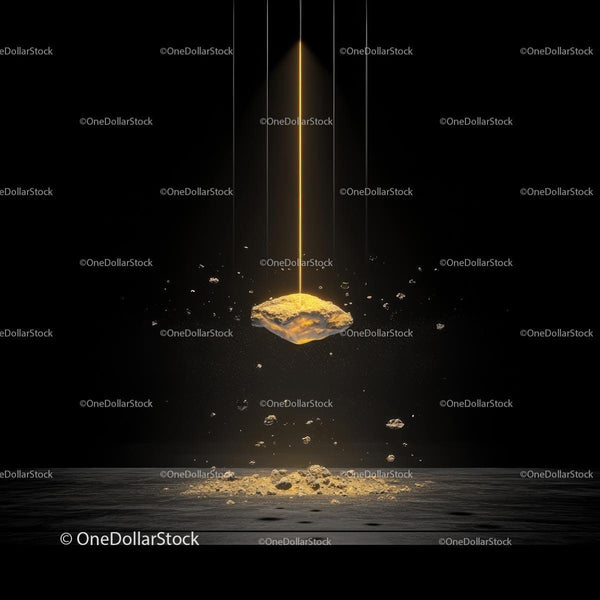 Suspended Gold Nugget Illuminated by Spotlight in Darkness