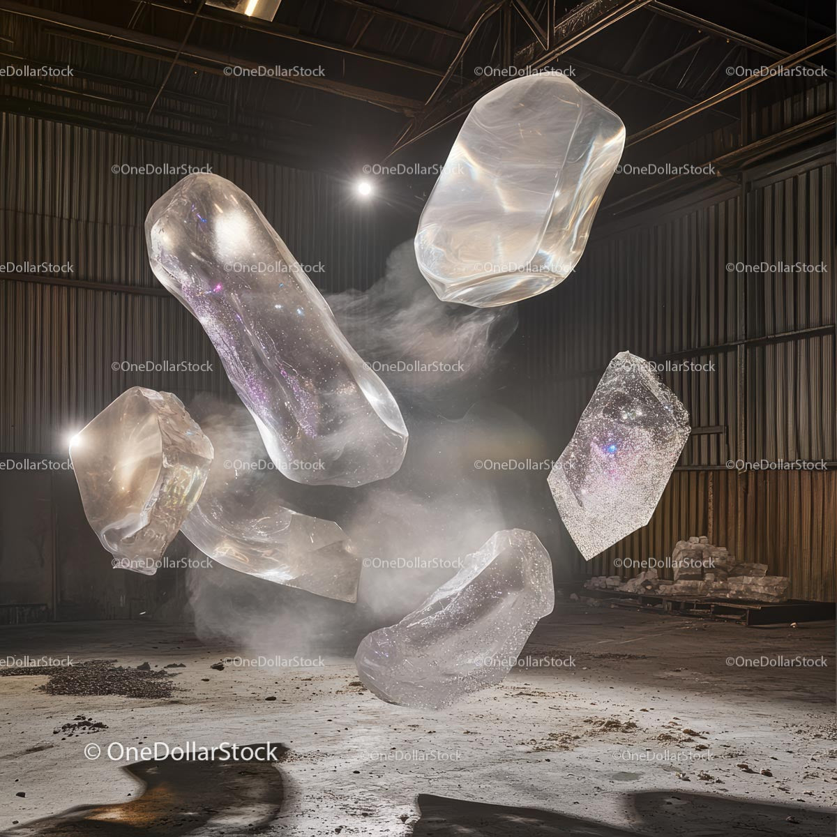 Mystical Floating Crystals in an Industrial Warehouse