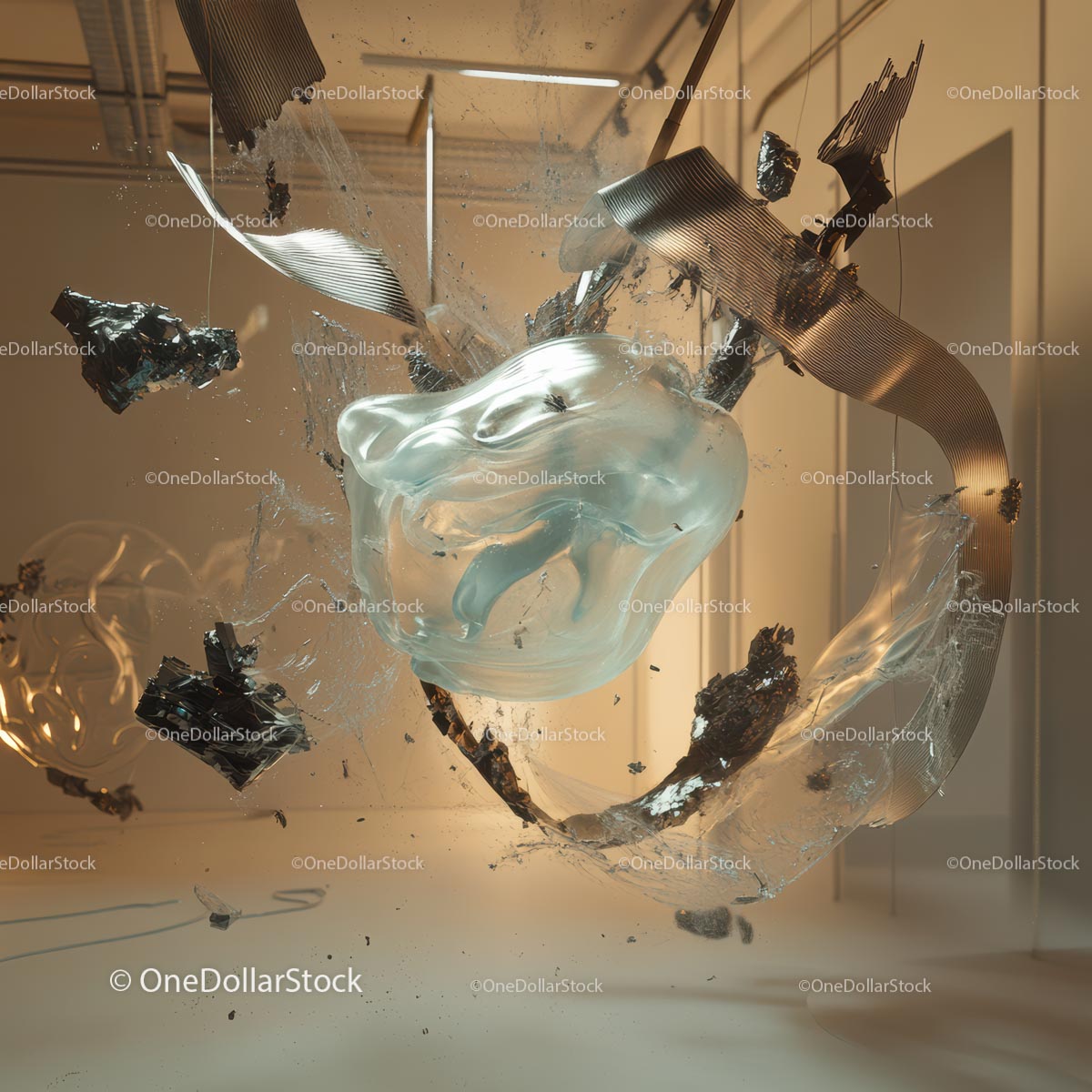 Dynamic Abstract Sculpture with Glass and Metal Elements
