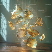 Golden Crystals Suspended in Air with Light Reflections