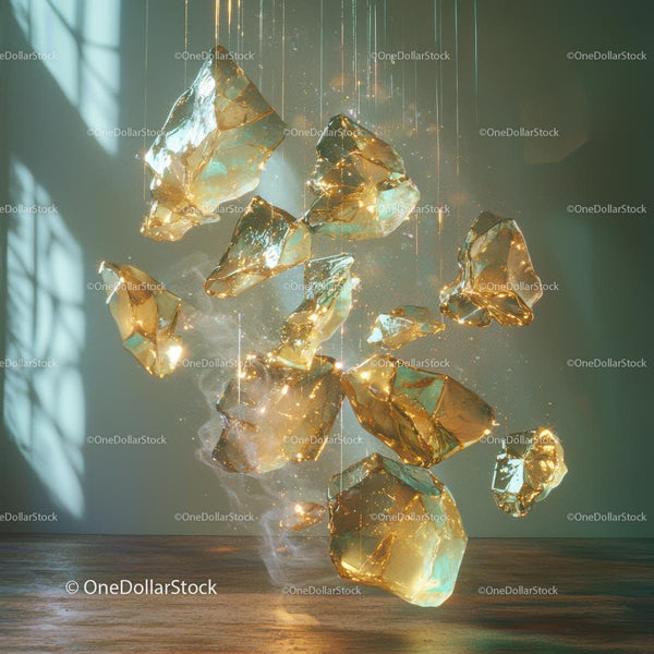 Golden Crystals Suspended in Air with Light Reflections
