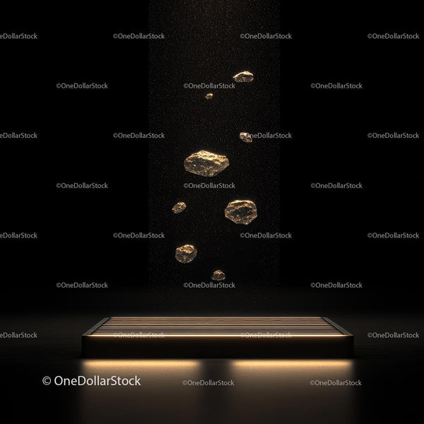 Floating Golden Rocks on Illuminated Platform in Dark Ambience