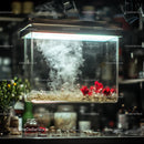 Illuminated Glass Box with Mist and Red Flowers