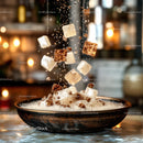 Falling Sugar Cubes in Rustic Bowl with Ambient Light