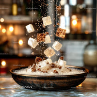 Falling Sugar Cubes in Rustic Bowl with Ambient Light