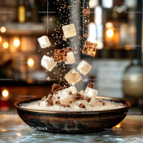 Falling Sugar Cubes in Rustic Bowl with Ambient Light