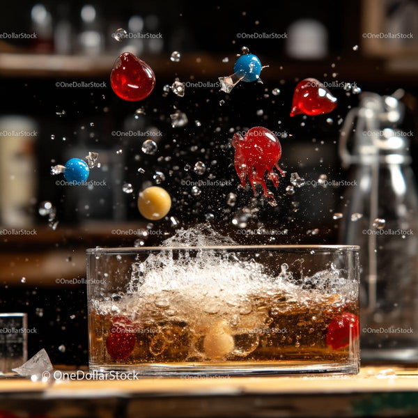 Colorful Balls Splashing in a Glass of Beverage