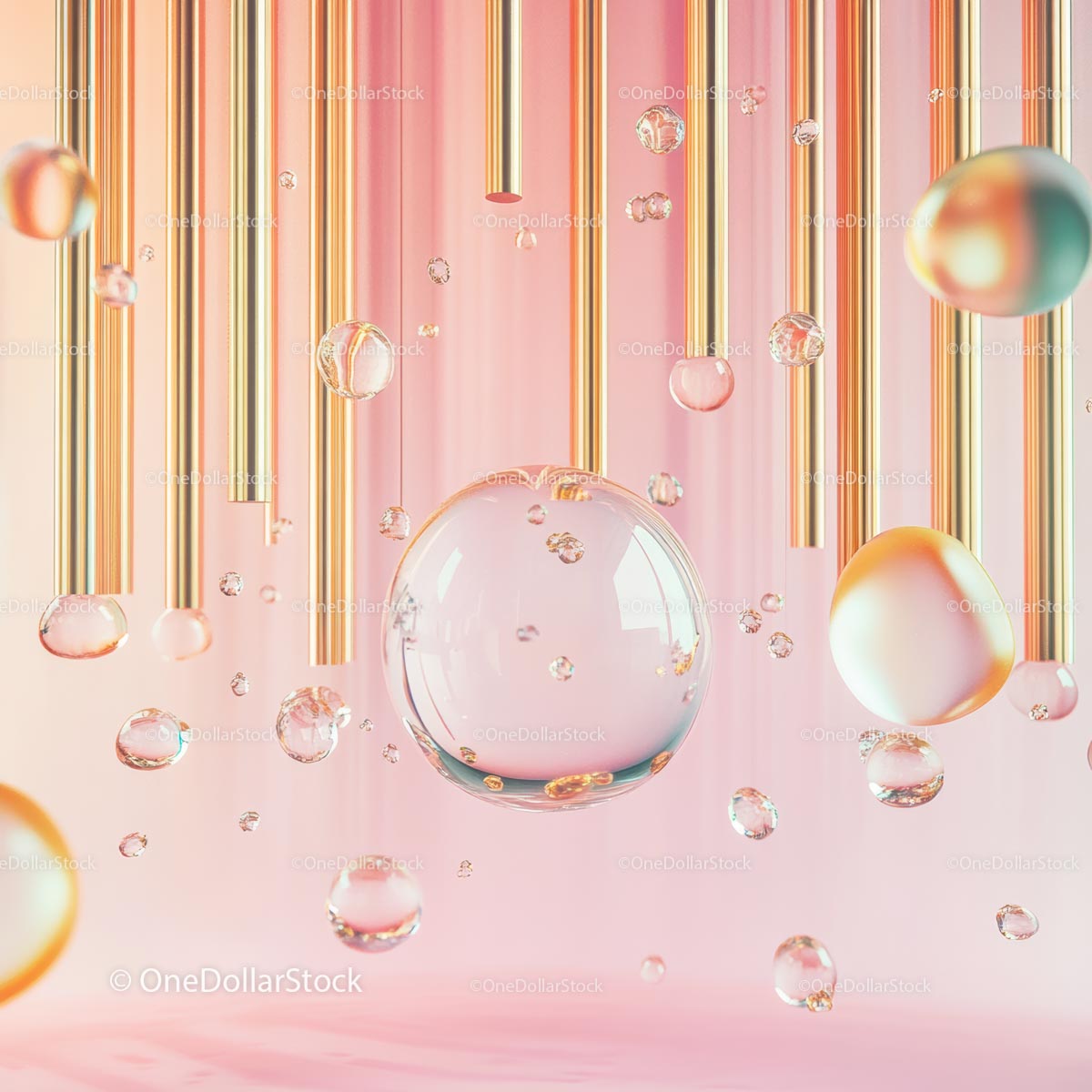 Floating Transparent Spheres Among Golden Rods in Pastel