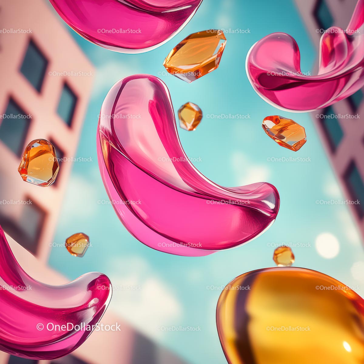 Vibrant Glass Shapes Floating in Urban Sky