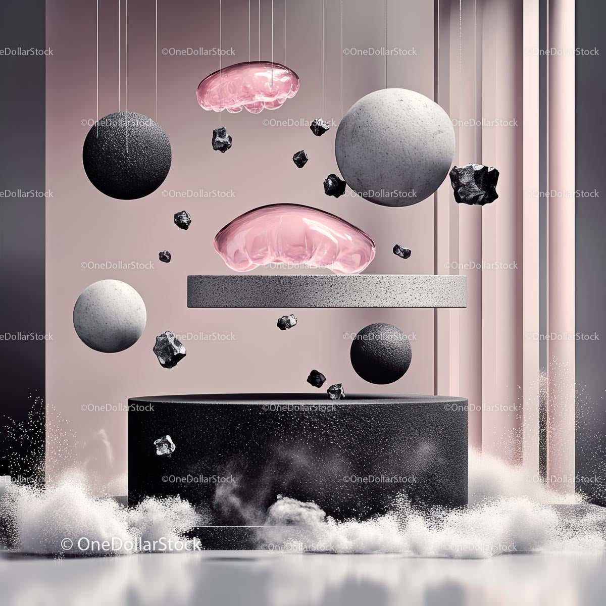 Abstract Composition with Floating Spheres in Pink and Gray