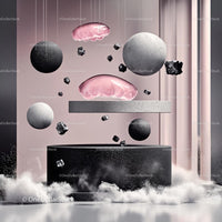 Abstract Composition with Floating Spheres in Pink and Gray