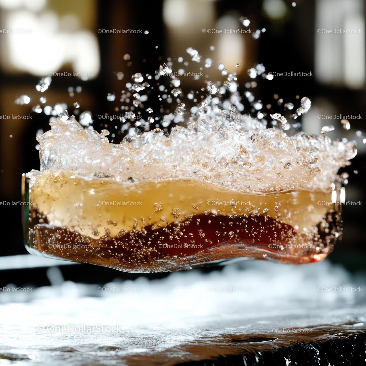 Refreshing Splash of a Fizzy Beverage with Ice Cubes