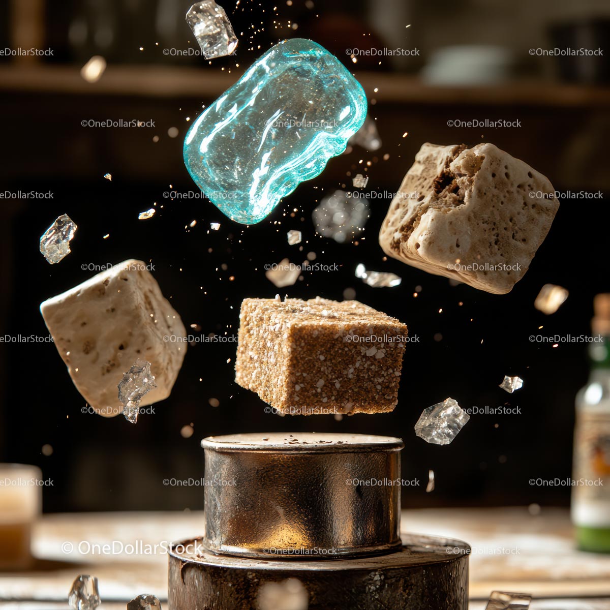 Floating Sugar Cubes and Ice with Dynamic Motion
