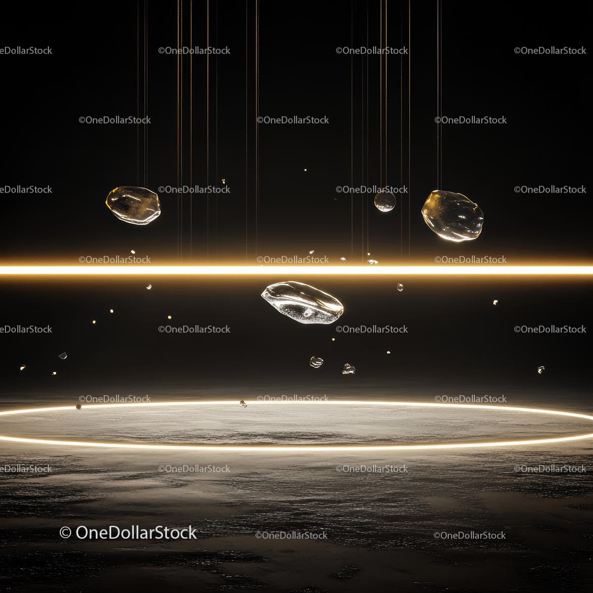 Futuristic Floating Crystals with Golden Light Beams