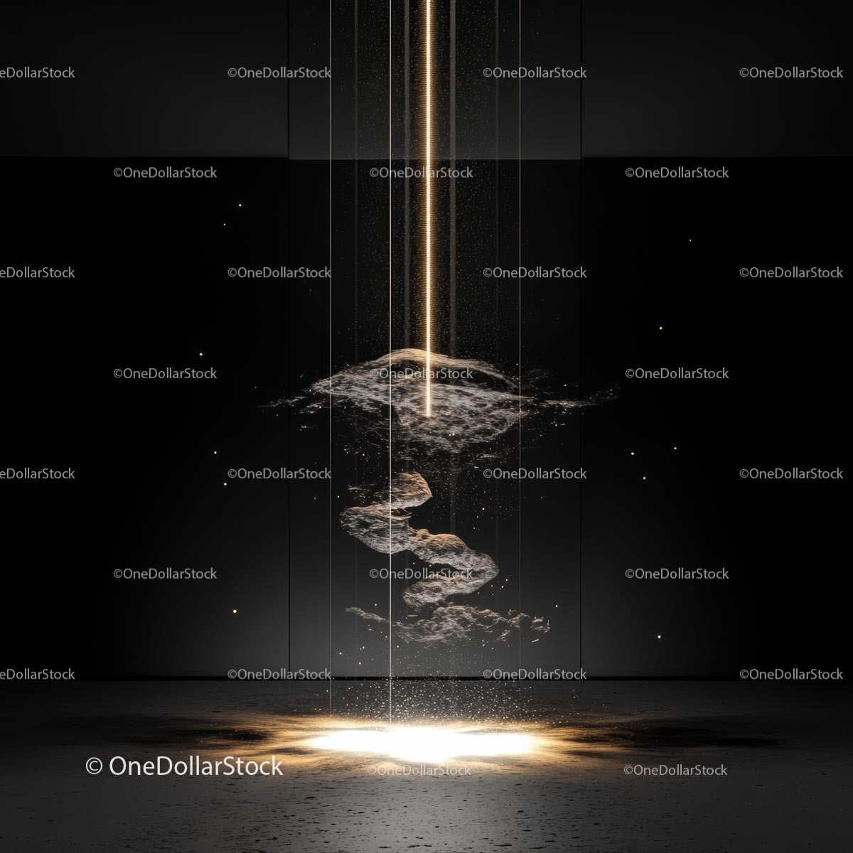 Mystical Light Beam Over Floating Rocks in Dark Atmosphere