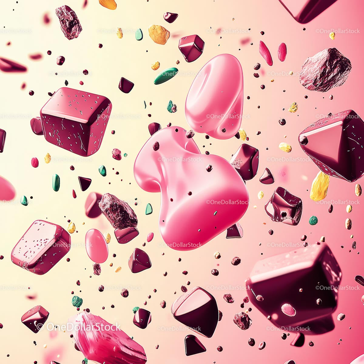 Abstract 3D Gems and Shapes in Pink Tones
