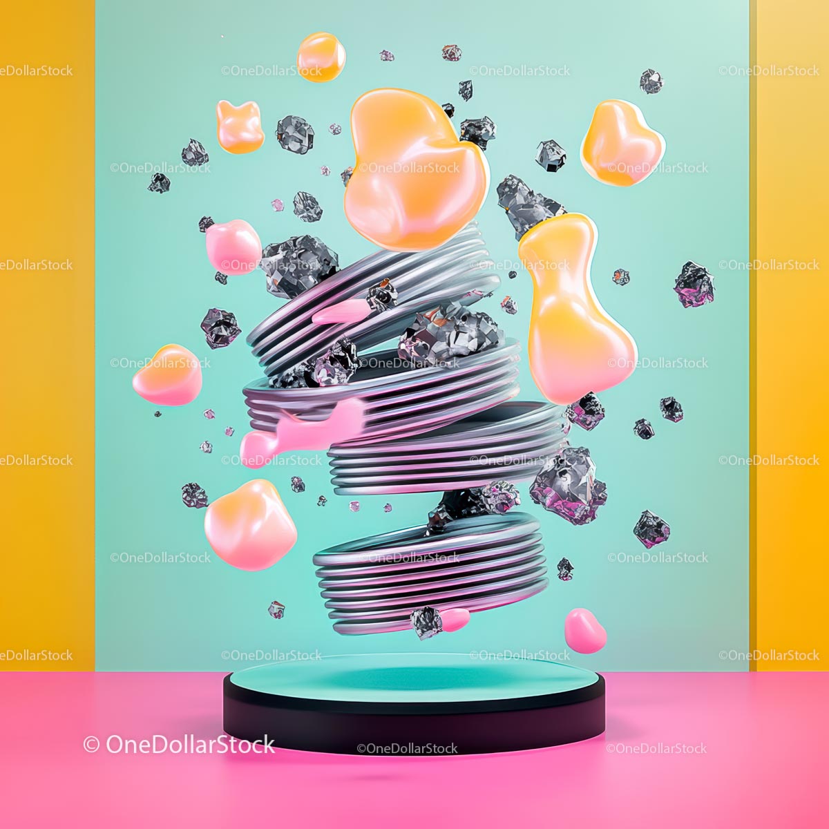 Vibrant Surreal Composition with Floating Geometric Shapes