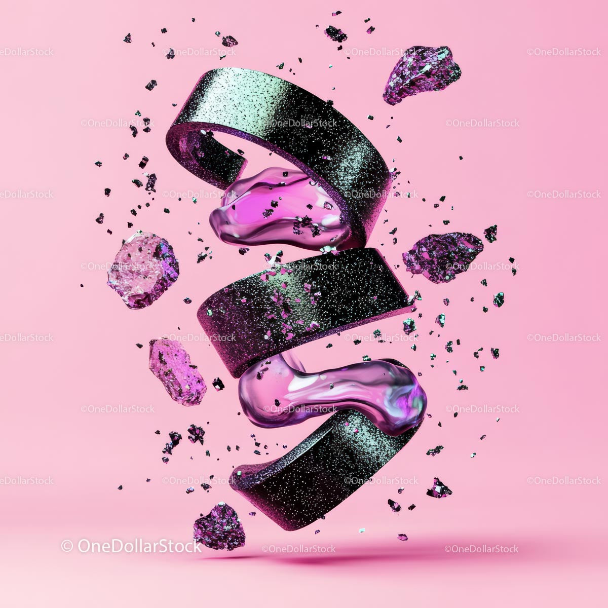 Futuristic Abstract Design with Floating Pink and Black Shapes