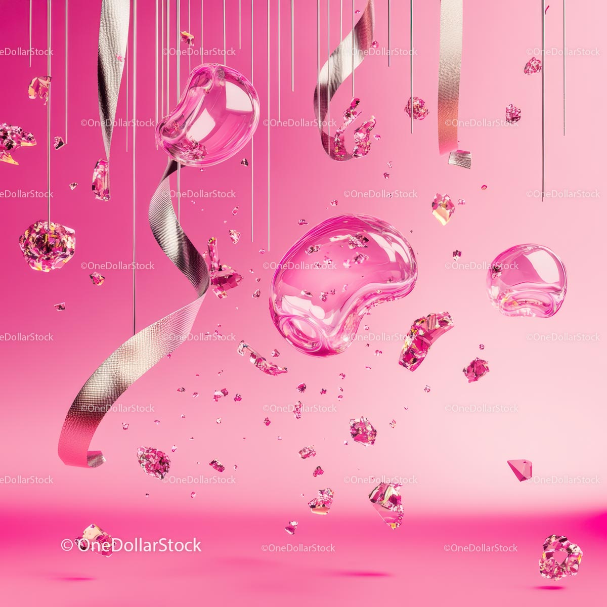 Abstract Pink Scene with Glass Bubbles and Ribbons