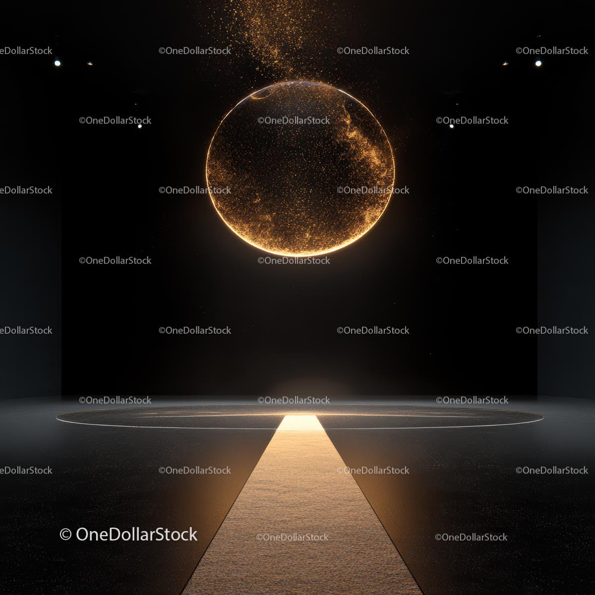 Futuristic Golden Circle in Dark Room with Illuminated Path