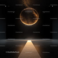 Futuristic Golden Circle in Dark Room with Illuminated Path