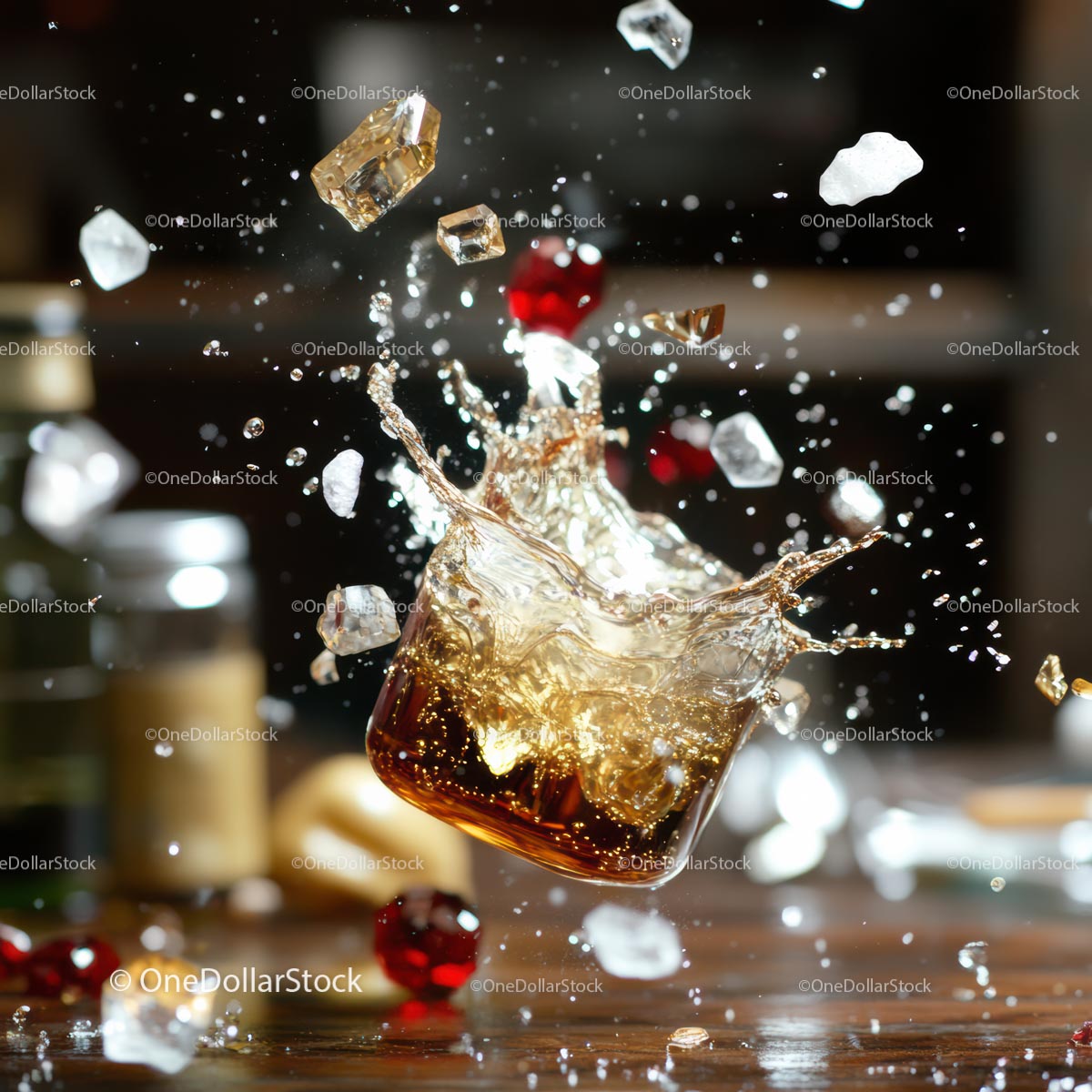 Whiskey Splash with Ice Cubes in Motion