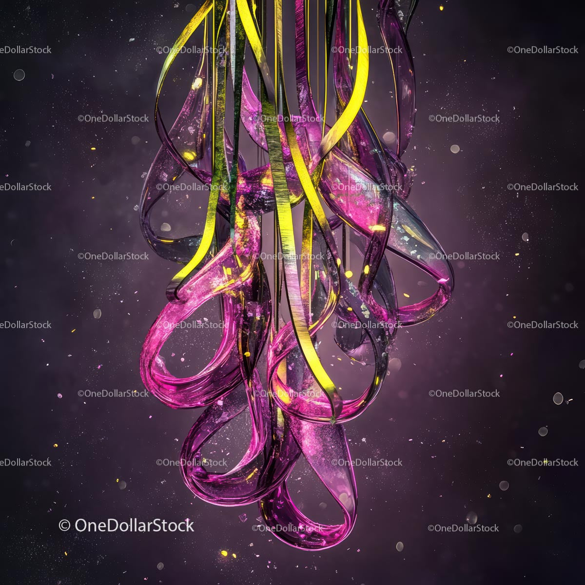 Abstract Vibrant Ribbon Display in Purple and Yellow