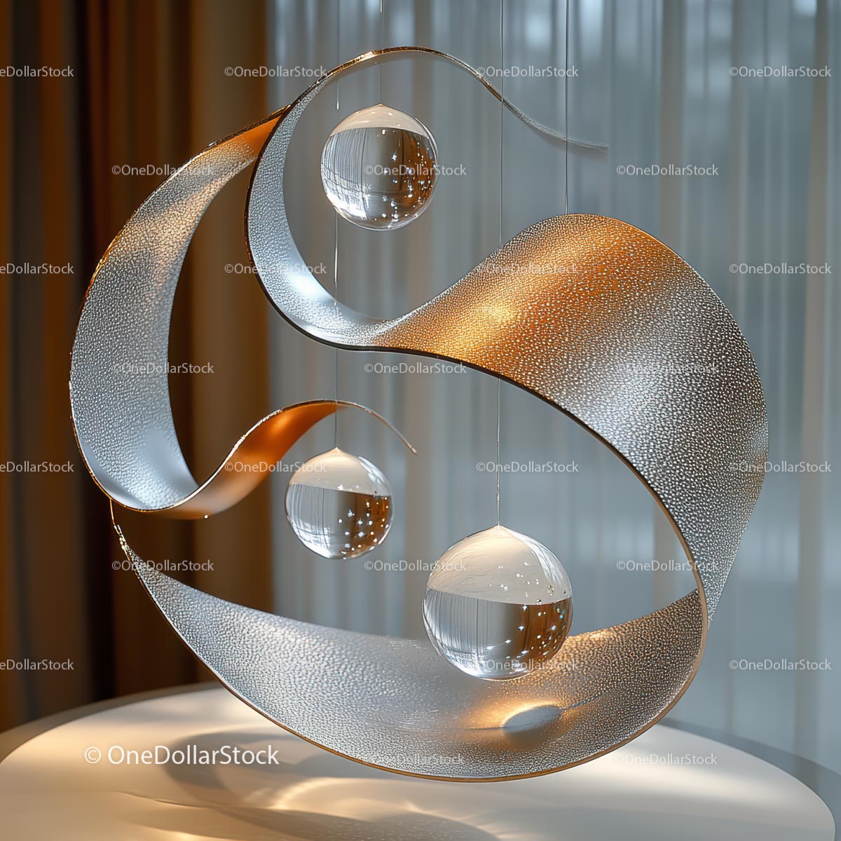 Modern Metallic Abstract Sculpture with Glass Orbs