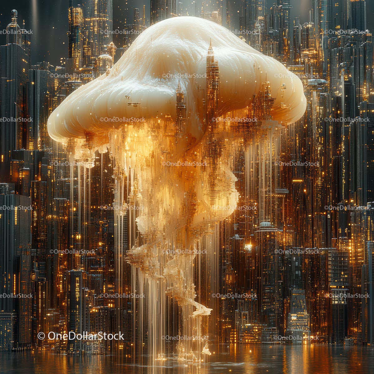 Surreal Golden Explosion Over Futuristic Cityscape