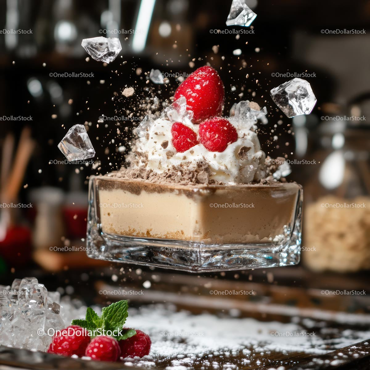 Raspberry Dessert with Whipped Cream and Ice Cube Splash