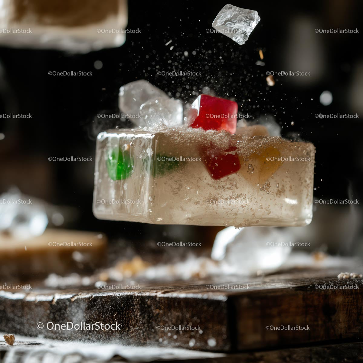 Colorful Candy Embedded in Ice Cube