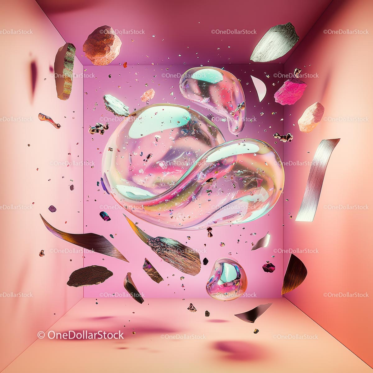 Surreal Floating Objects in a Pink Abstract Space
