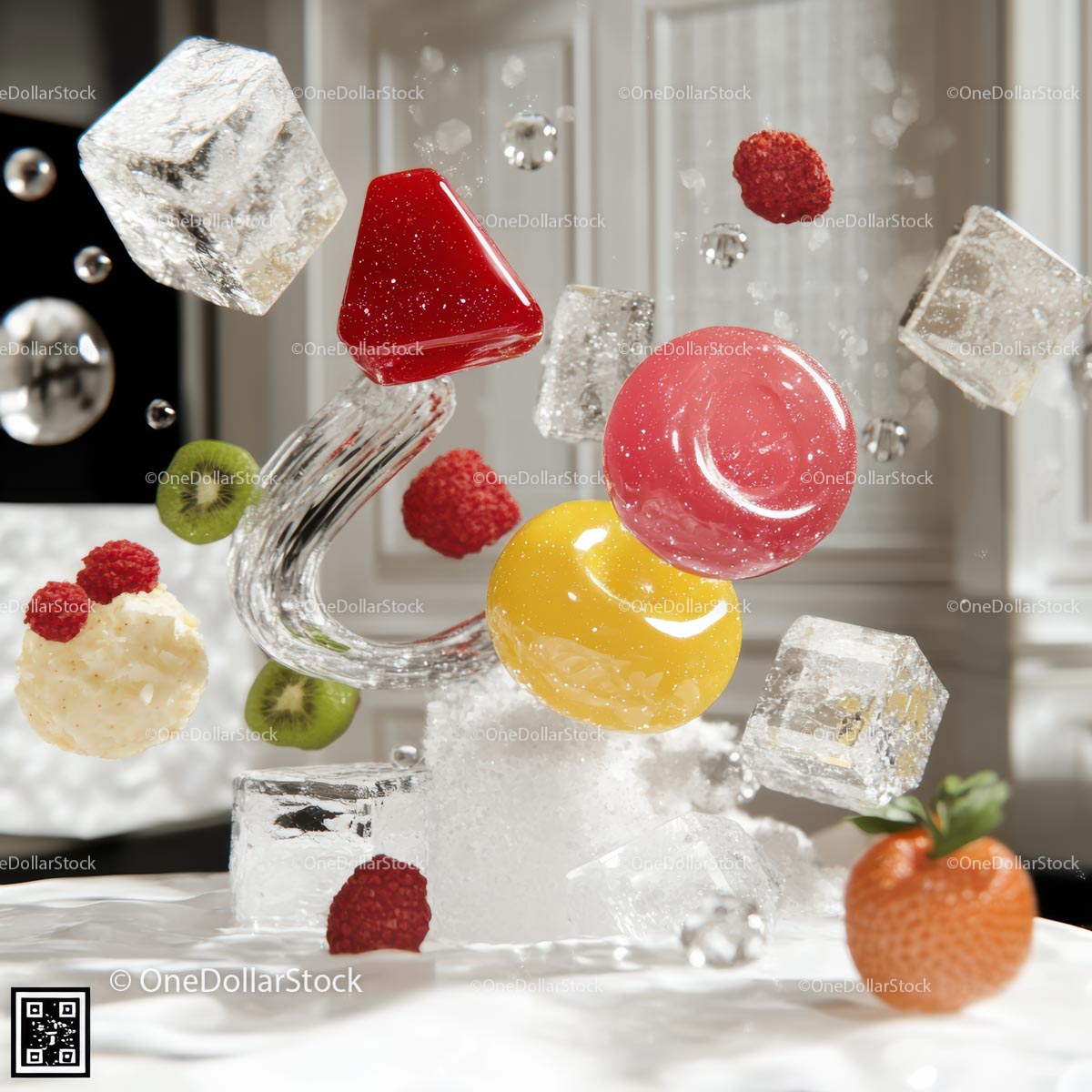 Floating Candy and Fruit Display with Ice Cubes