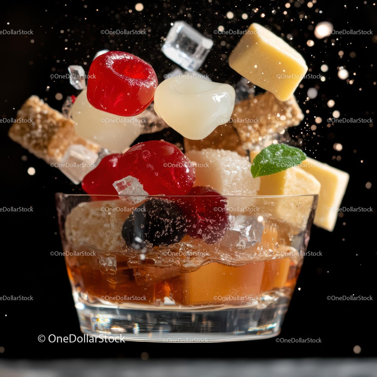 Vibrant Cocktail Splash with Ice and Garnishes