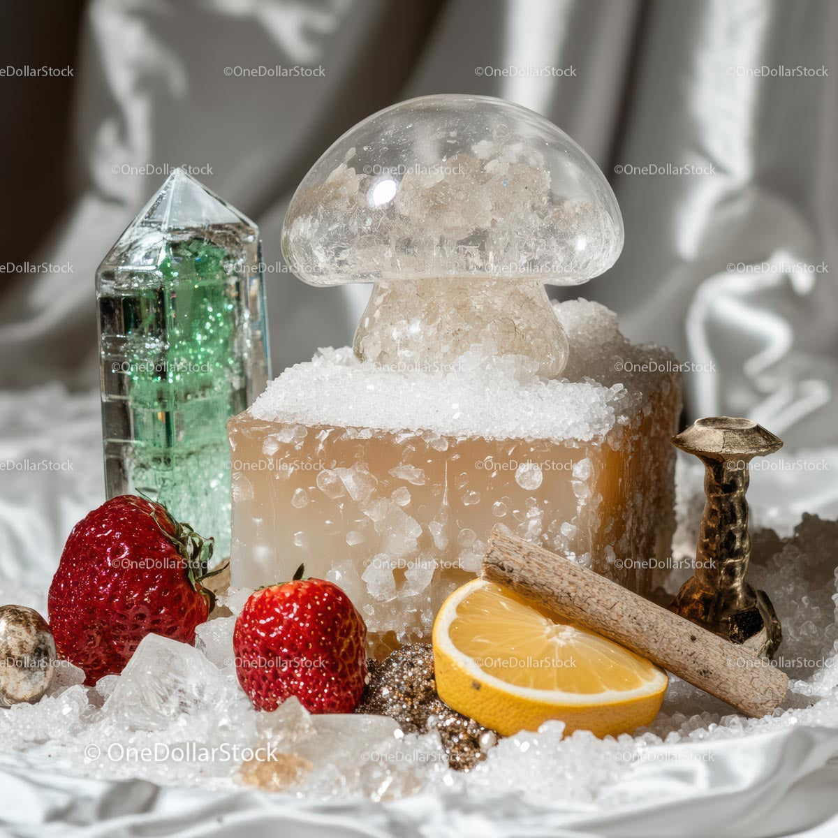 Opulent Still Life with Crystals and Fruits