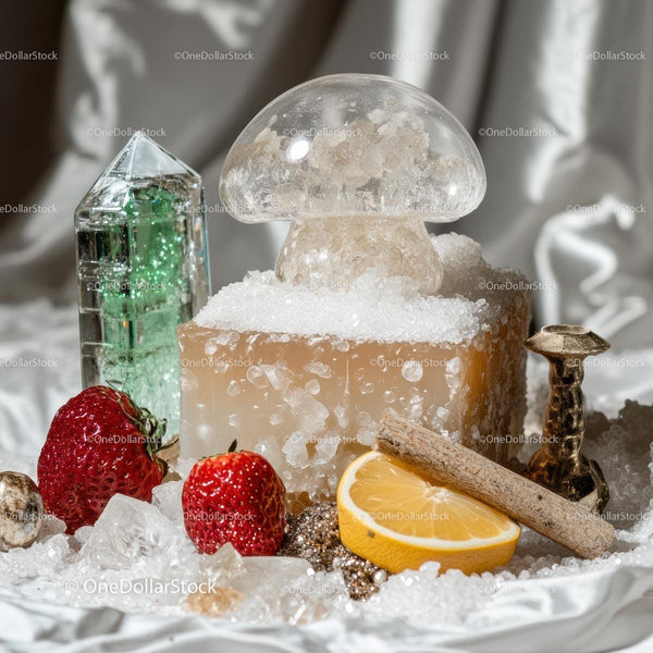 Opulent Still Life with Crystals and Fruits