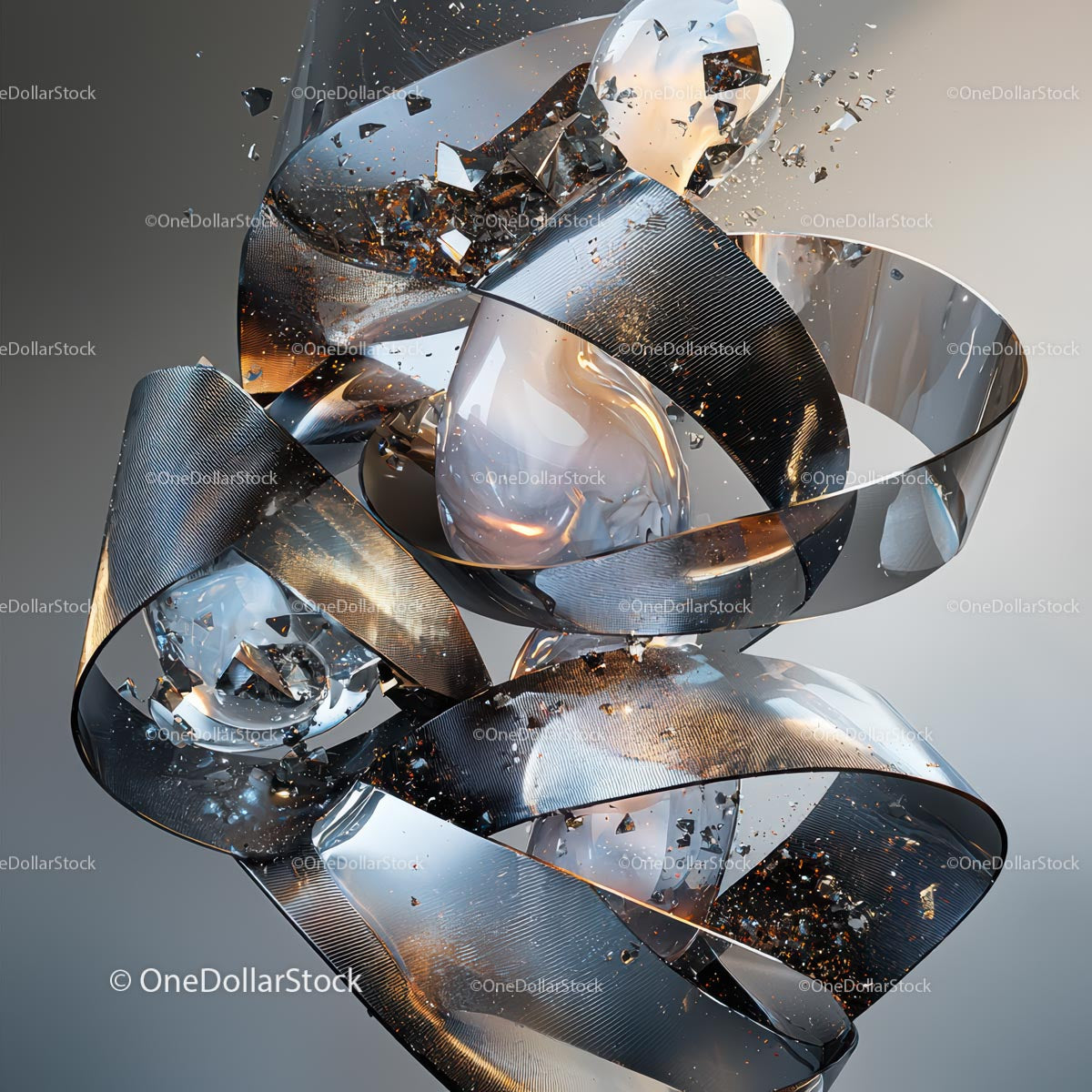 Abstract Shattered Glass Sculpture with Metallic Ribbons