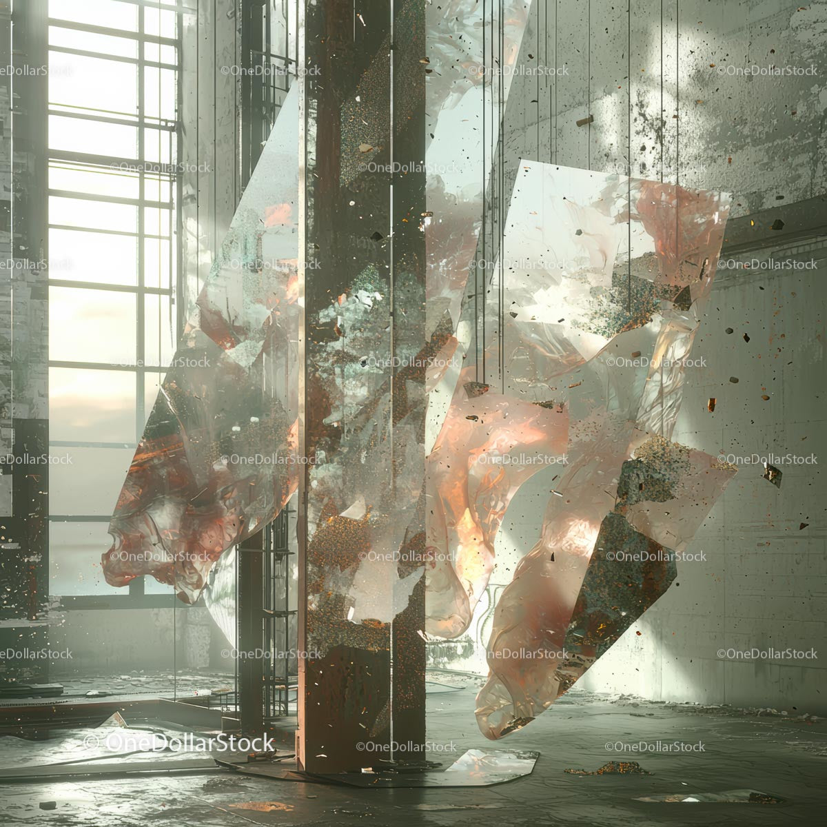 Abstract Glass Installation in Sunlit Industrial Space