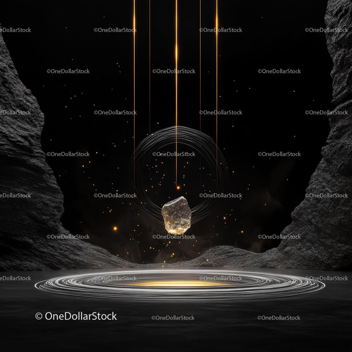 Suspended Glowing Rock in Futuristic Cosmic Scene