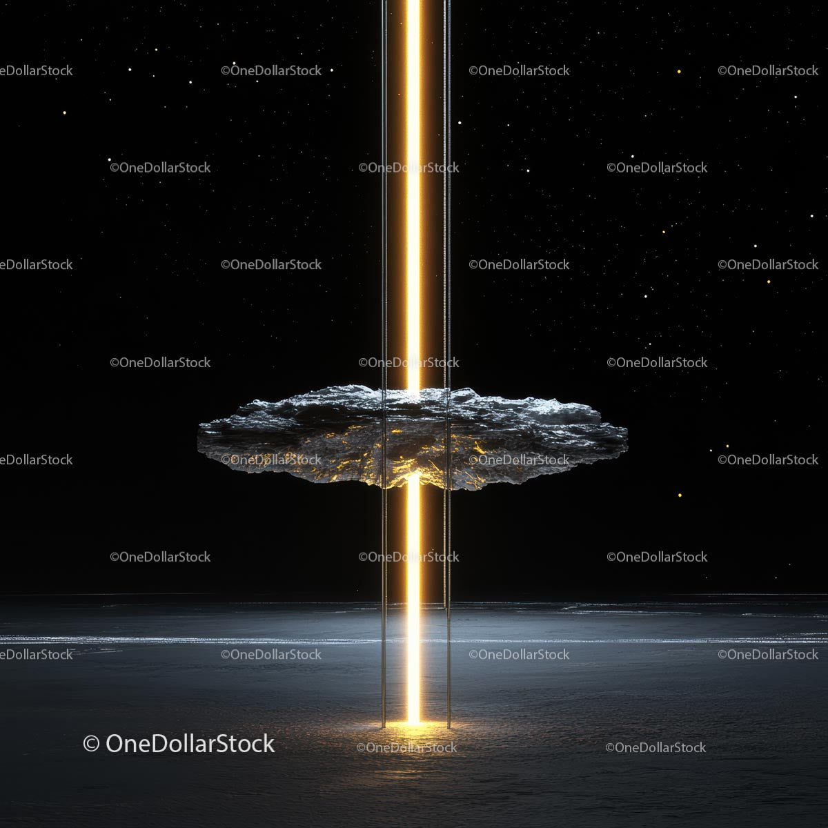 Illuminated Asteroid with Glowing Cosmic Beam in Space
