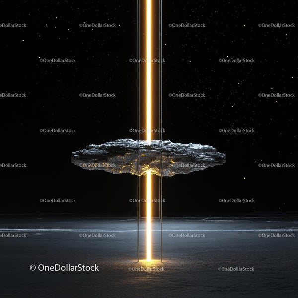 Illuminated Asteroid with Glowing Cosmic Beam in Space