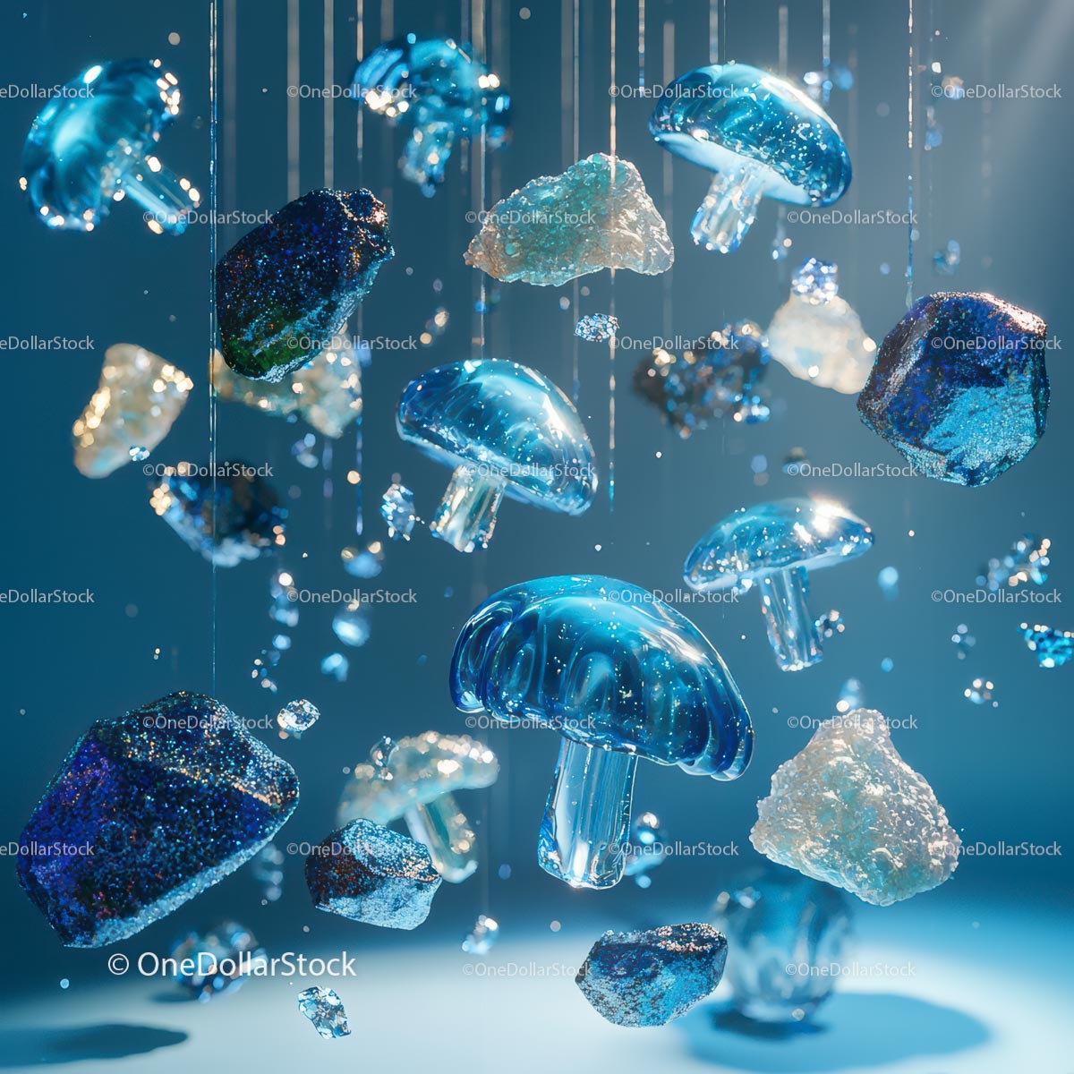 Floating Glass Mushrooms with Crystals in Abstract Art