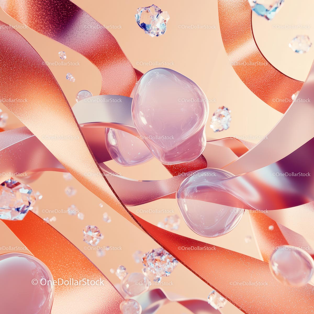 Dynamic Abstract Design with Fluid Orange Ribbons and Crystals