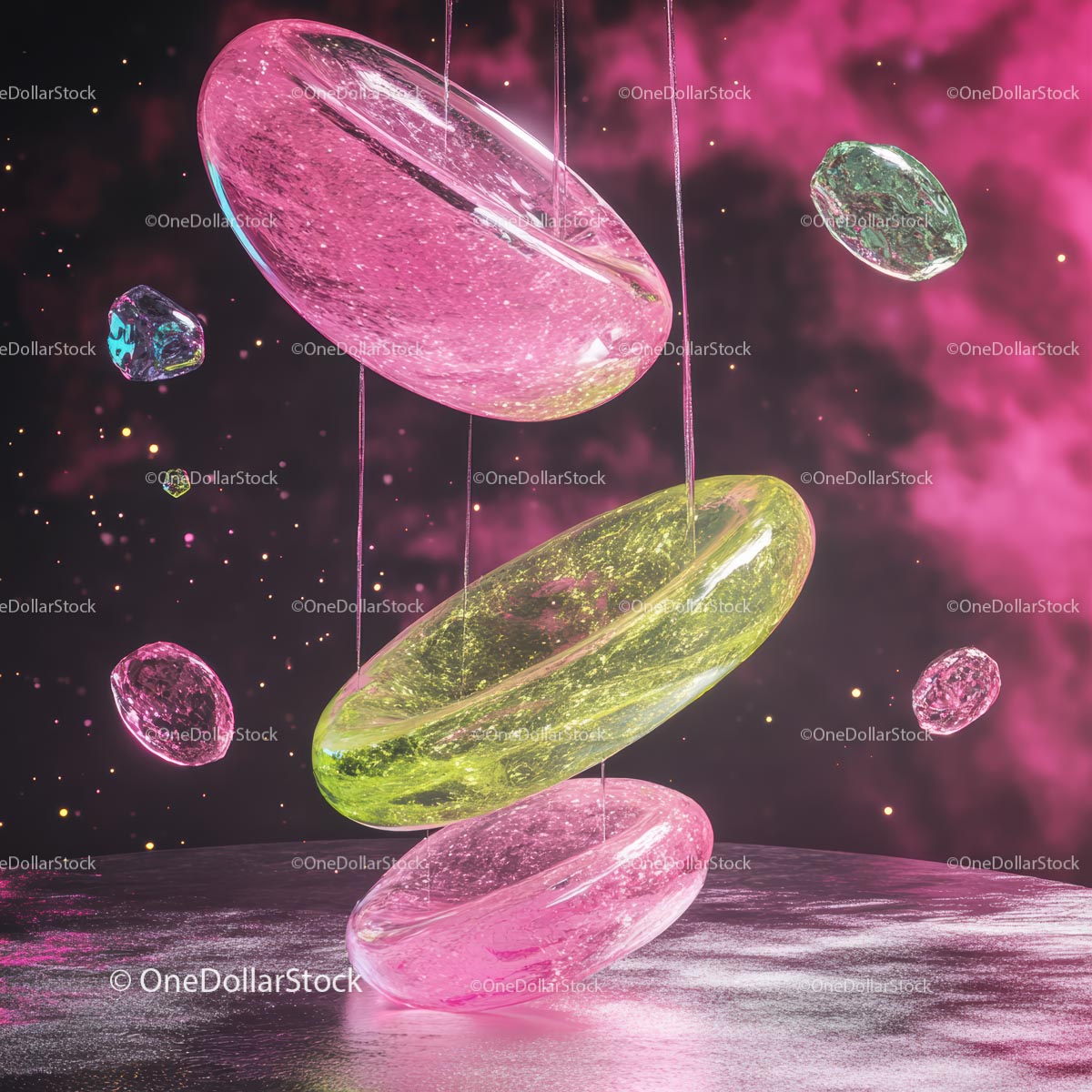 Futuristic Pink and Green Floating Glass Shapes