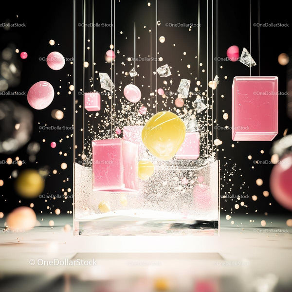 Floating Pink Cubes and Yellow Spheres in Surreal Scene