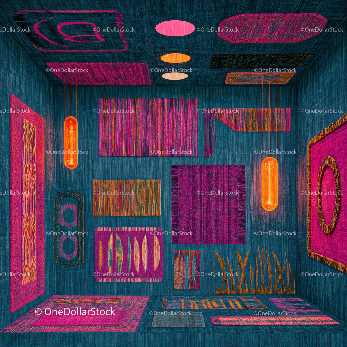 Vibrant Abstract Room with Geometric Neon Patterns
