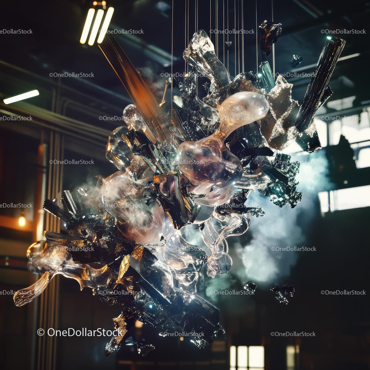 Dynamic Glass Sculpture in Industrial Setting