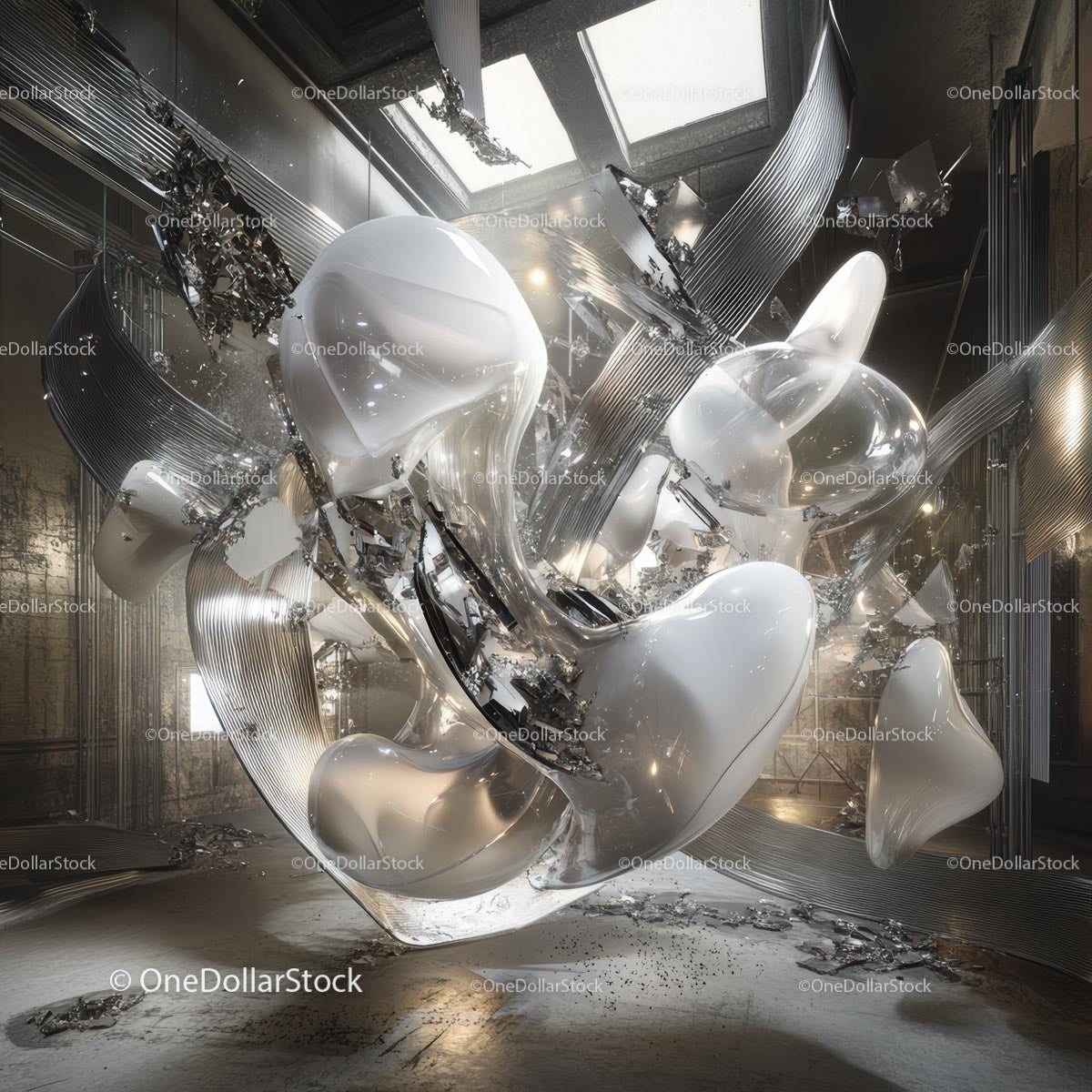 Futuristic Abstract Sculpture with Metallic and Transparent Forms