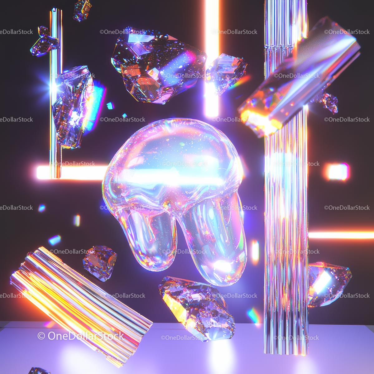 Futuristic Abstract with Iridescent Crystal and Neon Lights